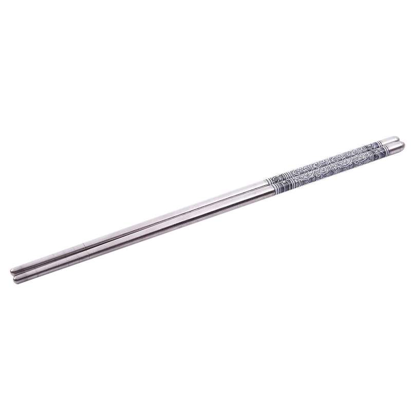 8.9" Length White Vine Pattern Stainless Steel Chopsticks Pair