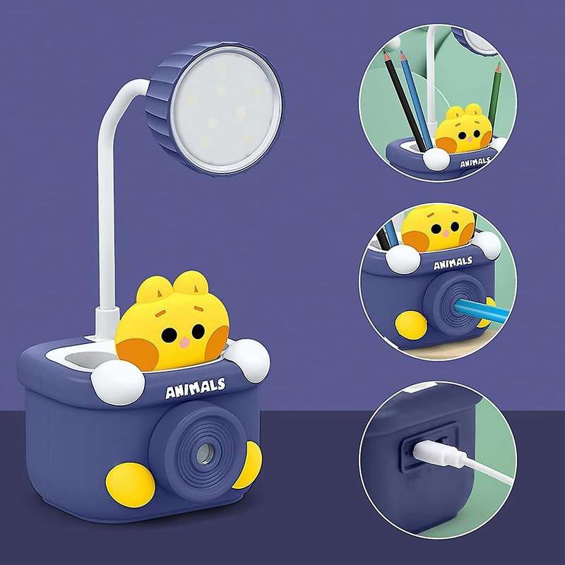 Cute Desk Lamp for Kids, with Pencil Cutting/pen Holder, (blue)