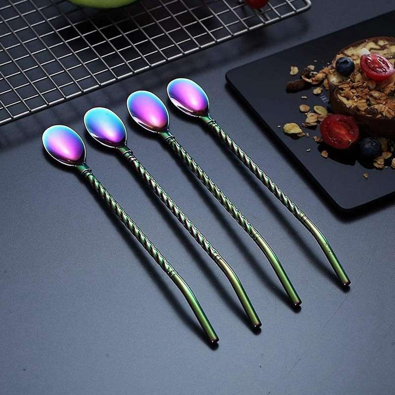 Rainbow Ice Tea Spoon with Straw Handle, Stainless Steel,4 Pieces