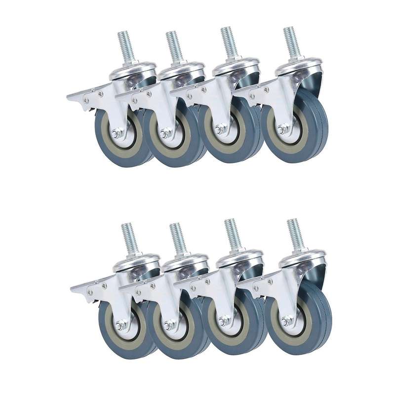 Heavy Duty 75mm Swivel with Brake Casters Wheels, Set Of 8