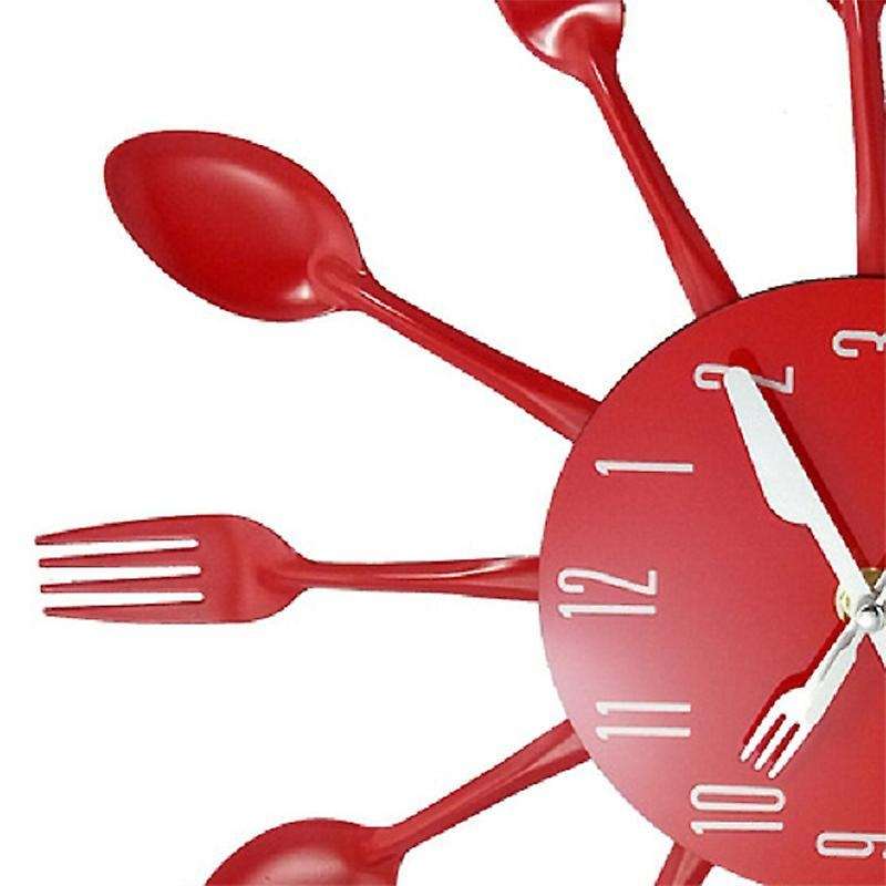 Noiseless Stainless Steel Knife and Fork Spoon Wall Clock Decor Red