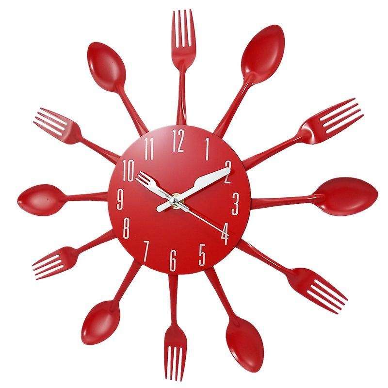 Noiseless Stainless Steel Knife and Fork Spoon Wall Clock Decor Red