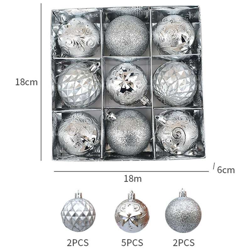 9 Pieces/set Of Boxed Christmas Ball Set, Glitter Ball, (silver)