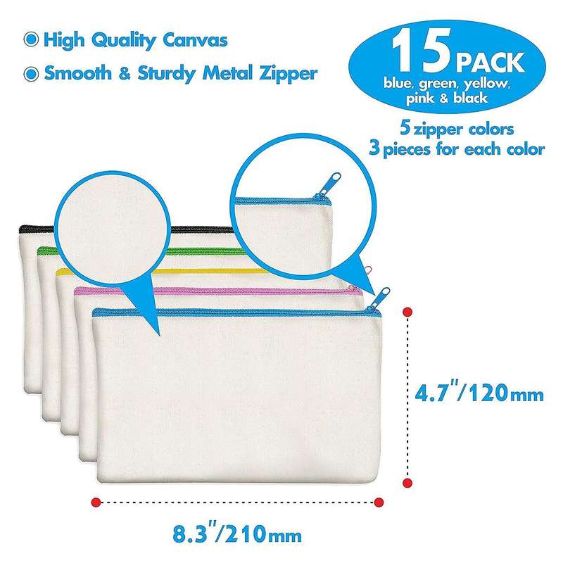 15 Pack Blank Diy Zipper Bags for Makeup Cosmetic Toiletry Stationary