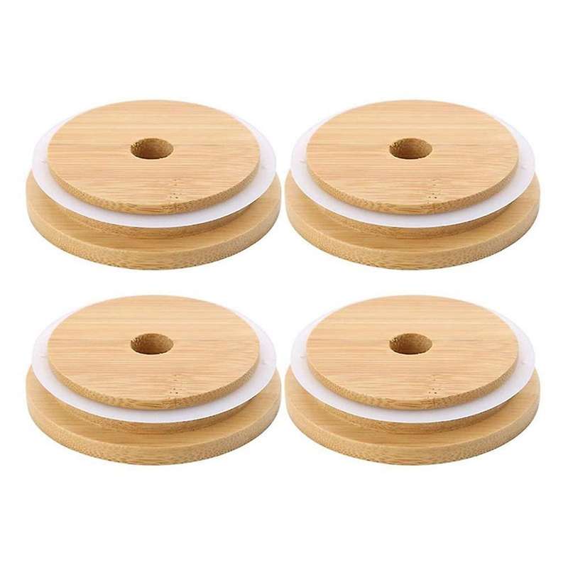 4pcs Bamboo Mason Jar Lids with Hole Wooden Lids for Storage Jars