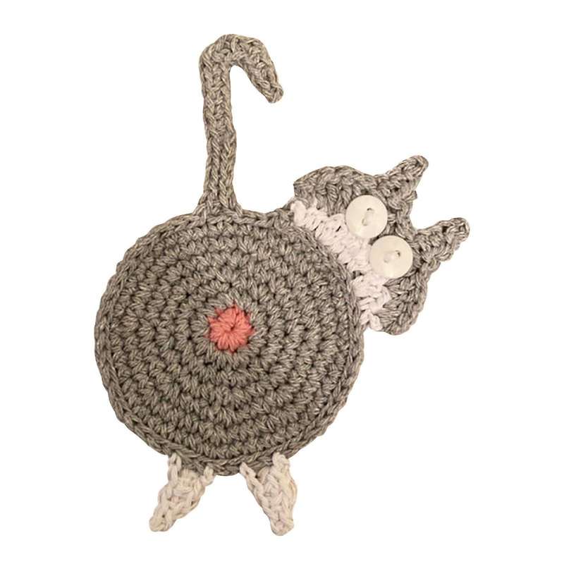 Cat Butt Coaster Funny Handmade Crochet Cat Gray White