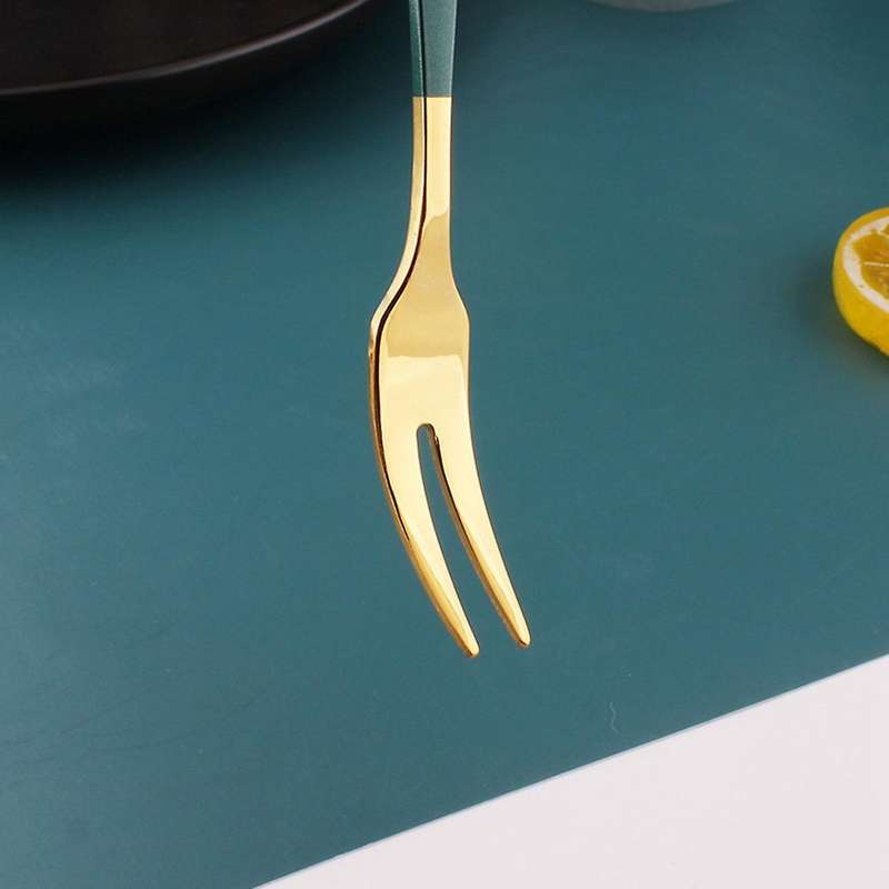 5pieces Of 5inch Stainless Steel Fruit Fork Two Tooth Fork Dark Green