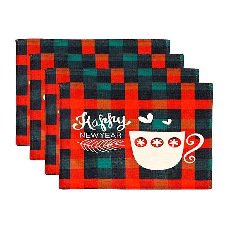 Christmas Placemats Set Of 4, with Plaid Printed, Washable Mats, C