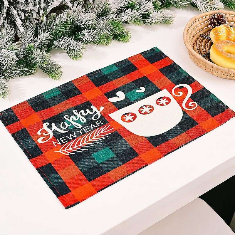 Christmas Placemats Set Of 4, with Plaid Printed, Washable Mats, C