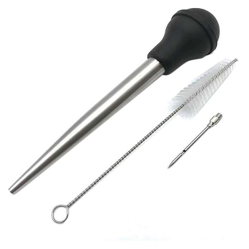 Baster Syringe, Baster with Brush and Needles, Stainless Steel, Black