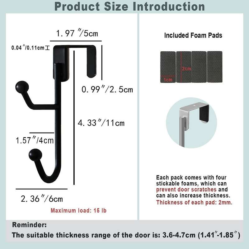 2 Pack Over The Door Hooks Hanger, Sturdy Metal Double Hook, Black