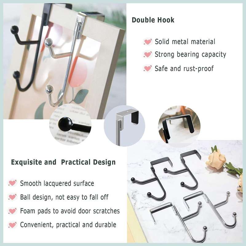 2 Pack Over The Door Hooks Hanger, Sturdy Metal Double Hook, Black