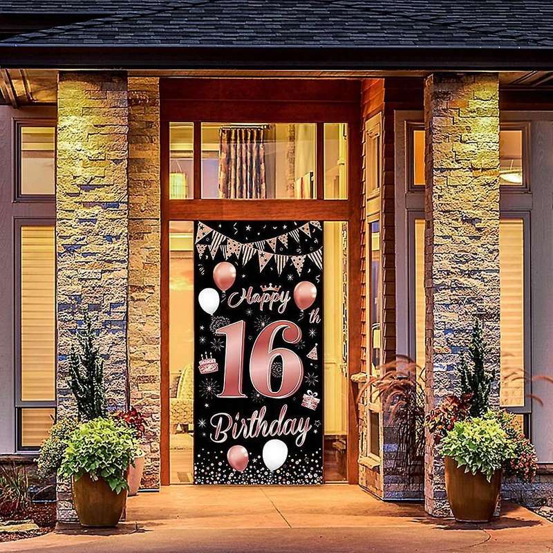 16th Birthday Party Decorations Banner Background, Rose Gold