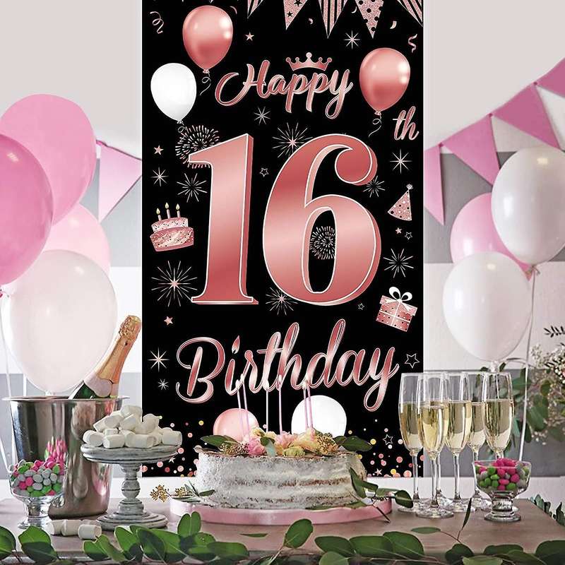 16th Birthday Party Decorations Banner Background, Rose Gold
