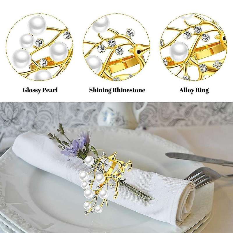 Set Of 6 Deer Napkin Ring Holder, Golden Napkin Rings with Rhinestone