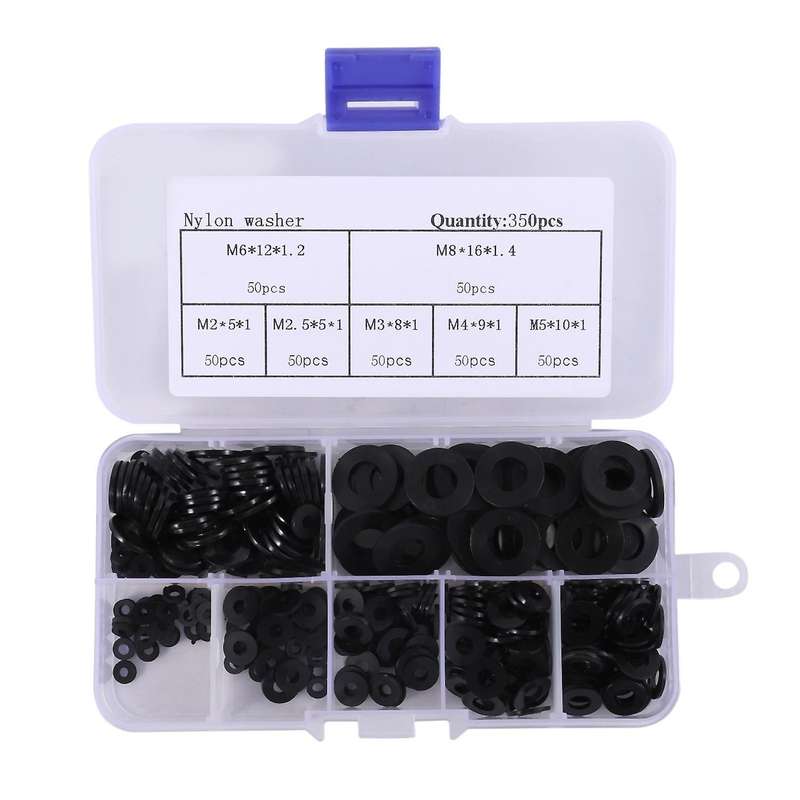 Nylon Flat Round Plastic Washer Assortment Kit Black 350pcs