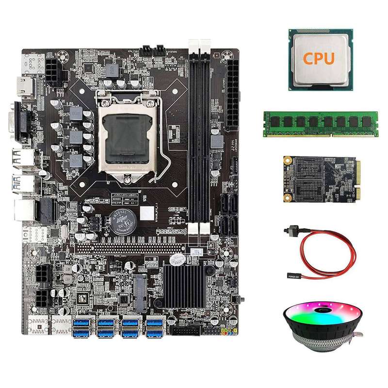 B75 Usb Btc Mining Motherboard+cpu+rgb Fan+ddr3 4gb 1600mhz Ram