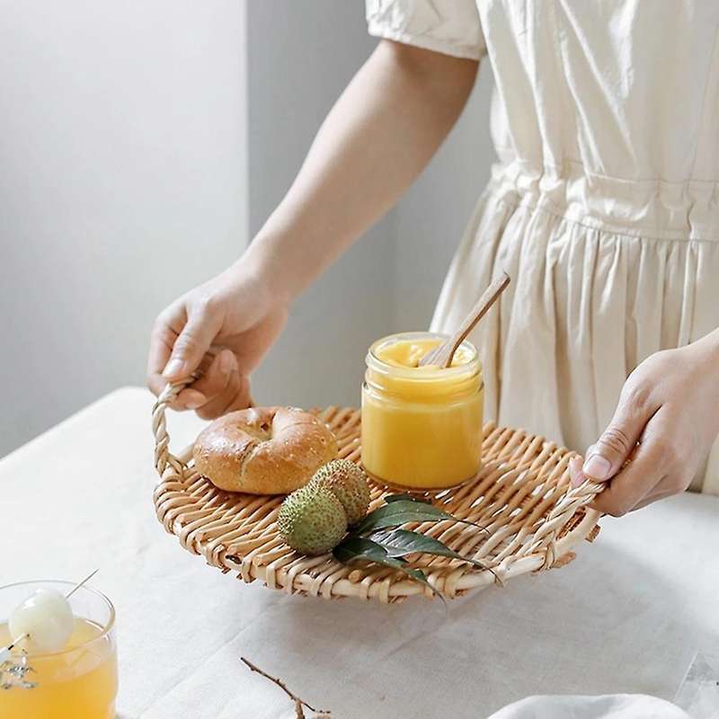 Handwoven Rattan Fruit Tray Storage Tray Wooden Round Basket-round