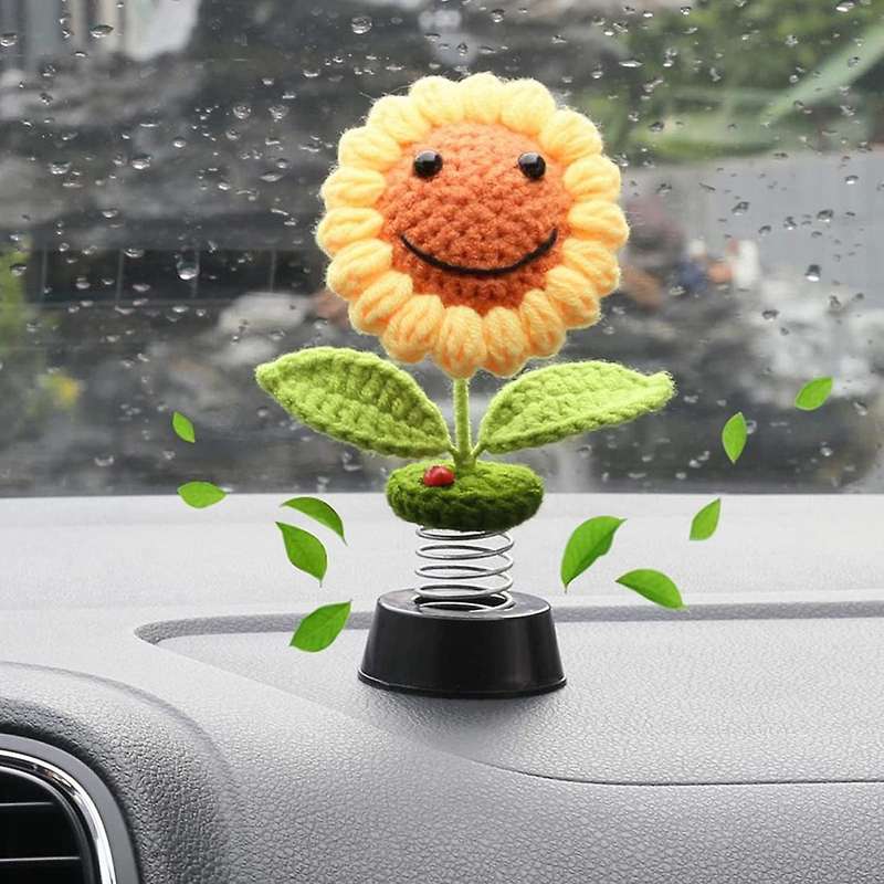 Sunflower Car Dashboard Decorations, Bobbleheads Knitted Flowers