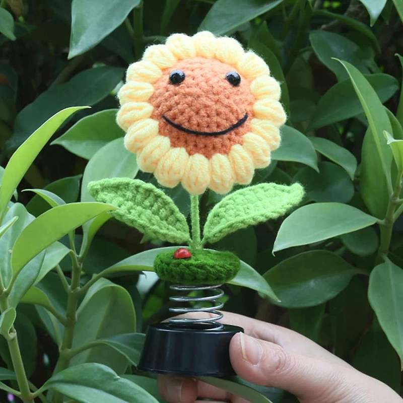 Sunflower Car Dashboard Decorations, Bobbleheads Knitted Flowers