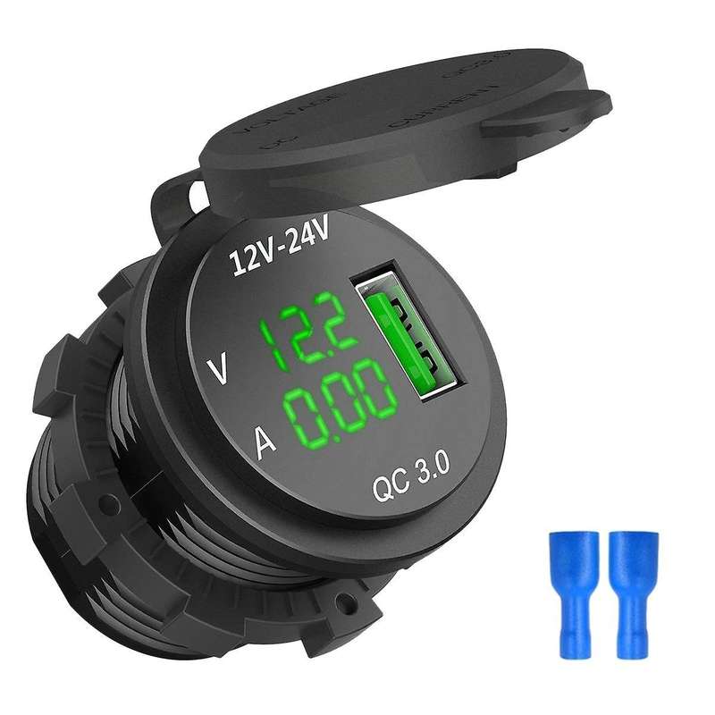 12v / 24v Fast Charging 3.0 Car Usb Charger Led Ammeter Black & Green