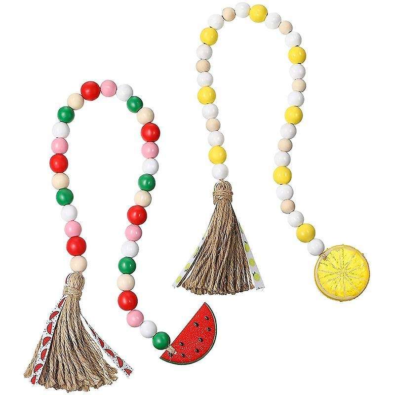 2pcs Fruit Wood Beaded Garland with Rustic Tassels,lemon with Tassels