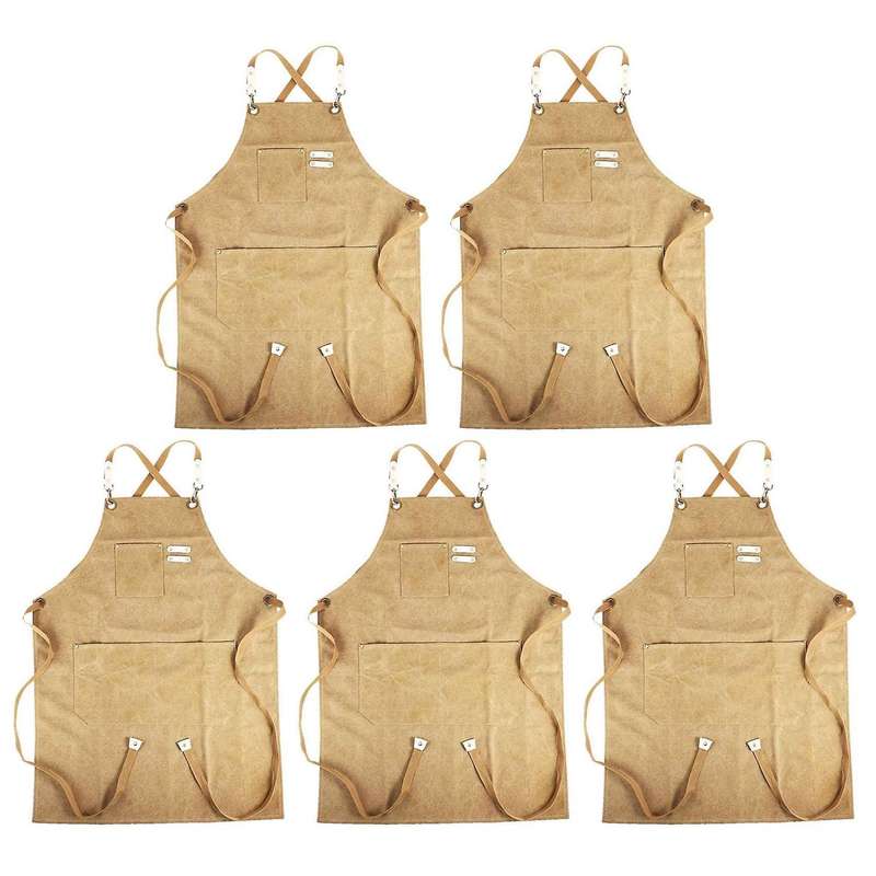 5x Canvas Cook Apron Barista Bartender Hairdressing Apron(brown)