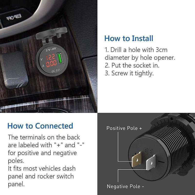 12v / 24v Fast Charging 3.0 Car Usb Charger Led Ammeter Black & Red