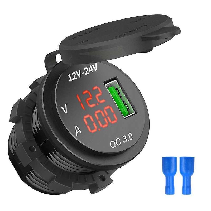12v / 24v Fast Charging 3.0 Car Usb Charger Led Ammeter Black & Red