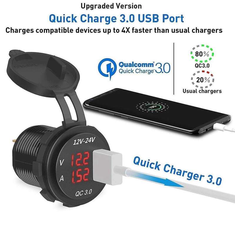 12v / 24v Fast Charging 3.0 Car Usb Charger Led Ammeter Black & Red