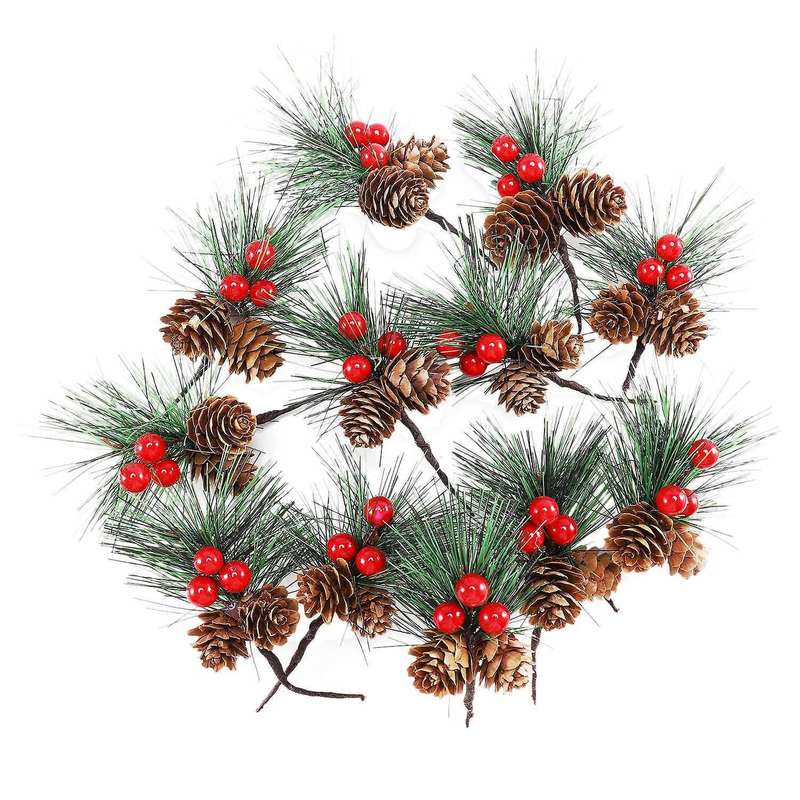 12 Pcs Artificial Pine Picks Mini Christmas Red Berries Decorations