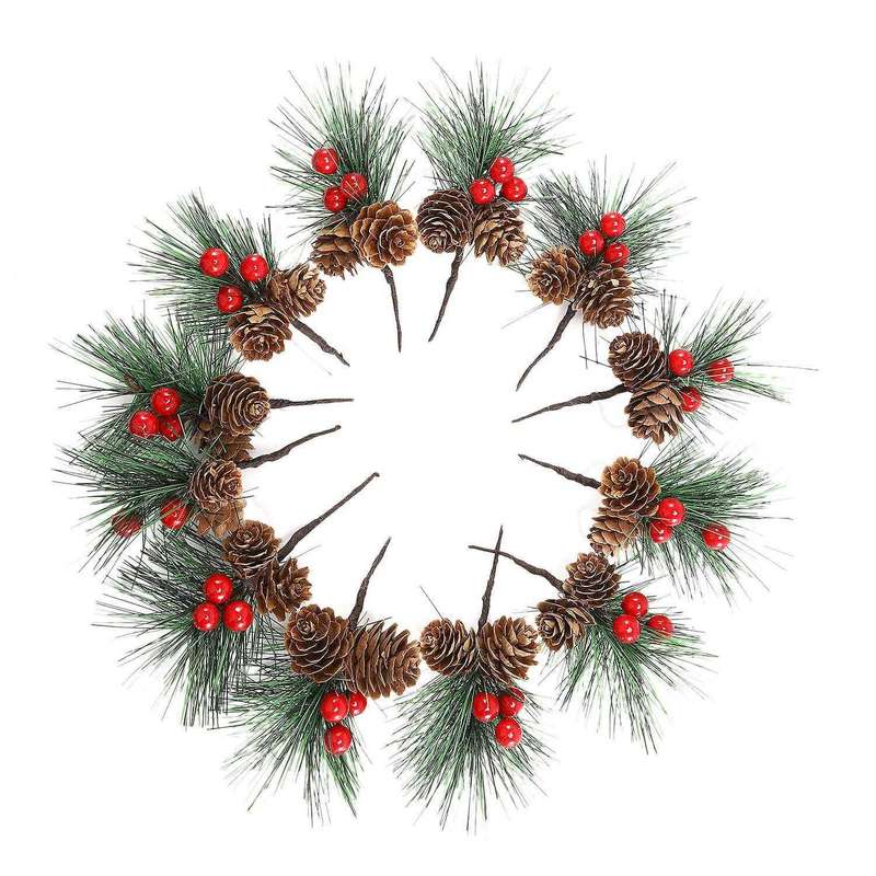 12 Pcs Artificial Pine Picks Mini Christmas Red Berries Decorations