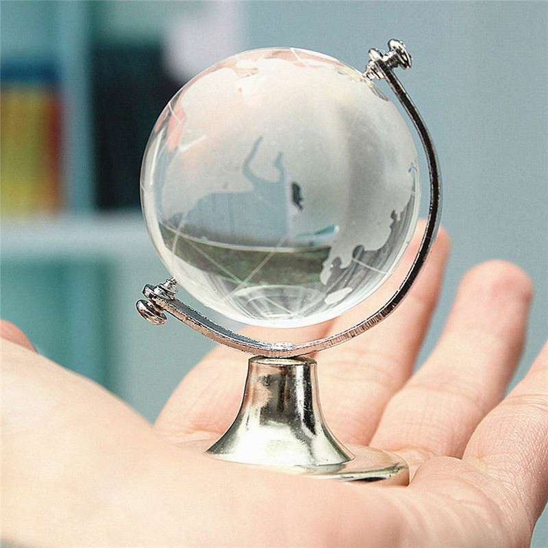 Crystal Glass Frosted World Globe Stand Paperweight Home Decorate