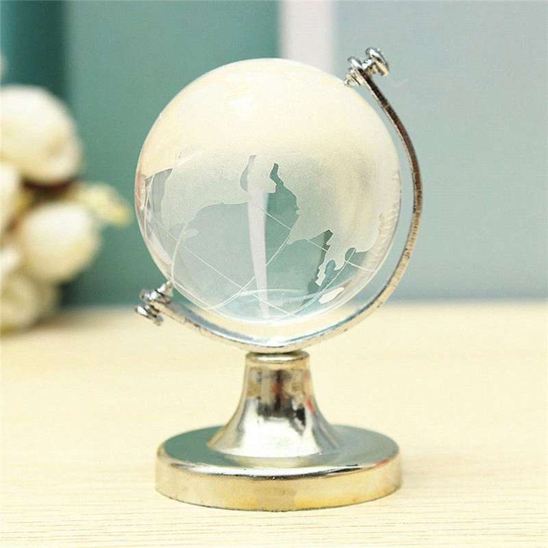 Crystal Glass Frosted World Globe Stand Paperweight Home Decorate