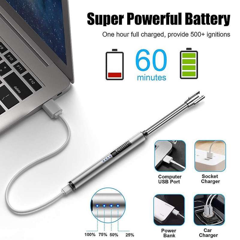 Candle Lighter, Usb Rechargeable Electric Plasma Arc Lighter (silver)