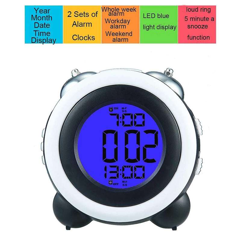 4 Inch Twin Bell Alarm Loud Led Digital Alarm Clock Time Date Black