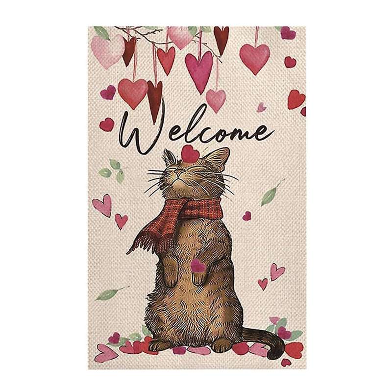 Welcome Love Heart Cat Valentine's Day Garden Flag Party Yard Decor