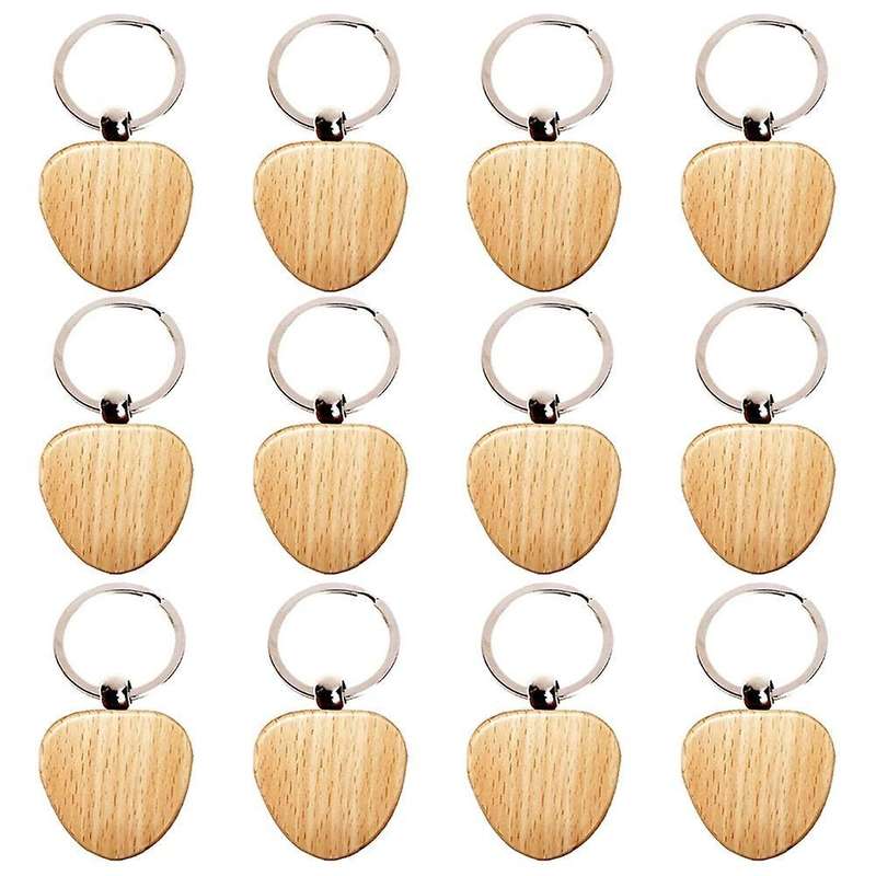 12pcs Blank Heart-shaped Wooden Key Chain Diy Wood Keychains Key Tags