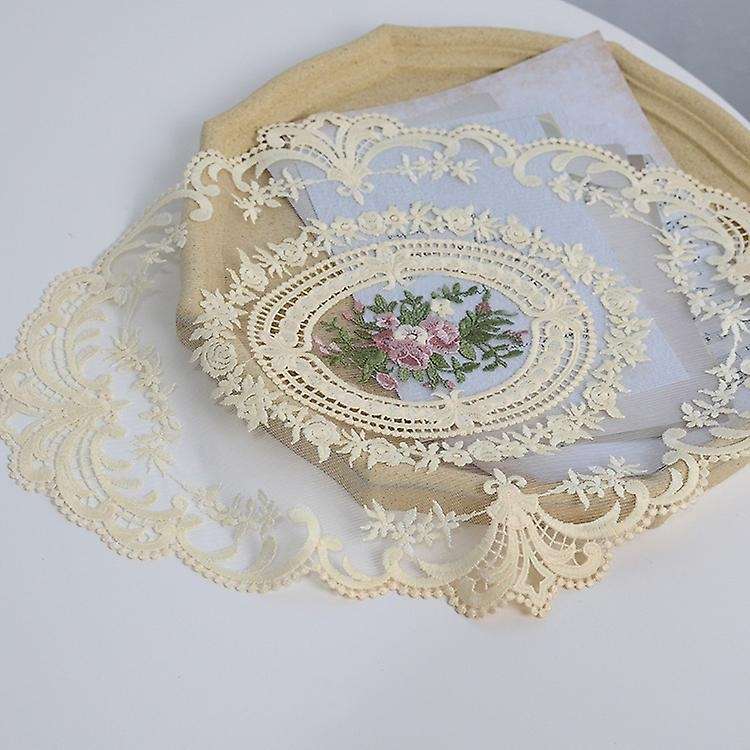European Oval Embroidered Lace Fabric Transparent Table Mat Beige