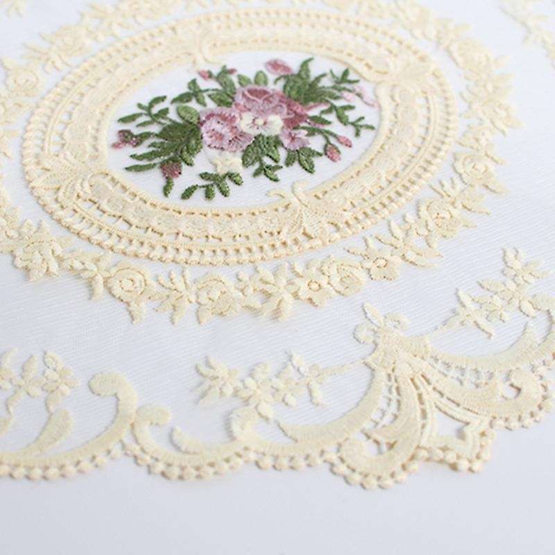 European Oval Embroidered Lace Fabric Transparent Table Mat Beige