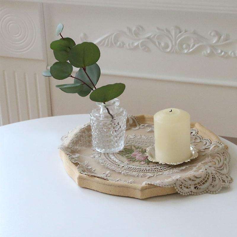 European Oval Embroidered Lace Fabric Transparent Table Mat Beige