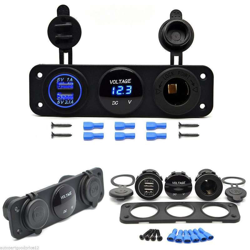 12v Dual Usb Charger Socket Car Boatled Voltmeter 3 Hole Panel Outlet