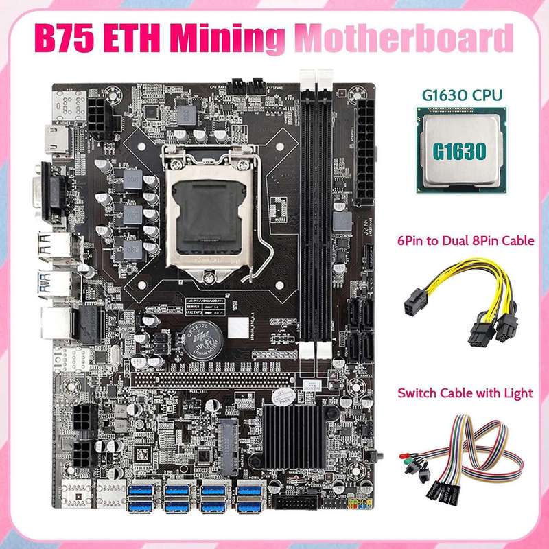 B75 Eth Mining Motherboard 8xpcie to Usb+g1630 Cpu+switch Cable