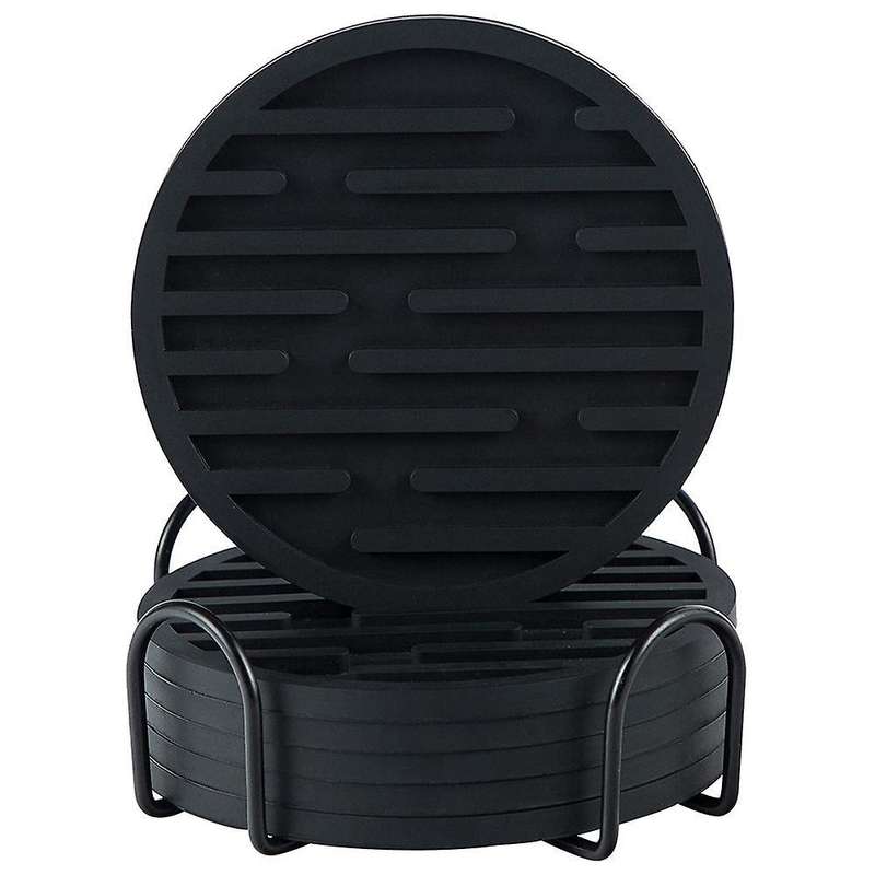 Coasters for Drinks, Silicone Coaster Sets Of 6 with Holder Black