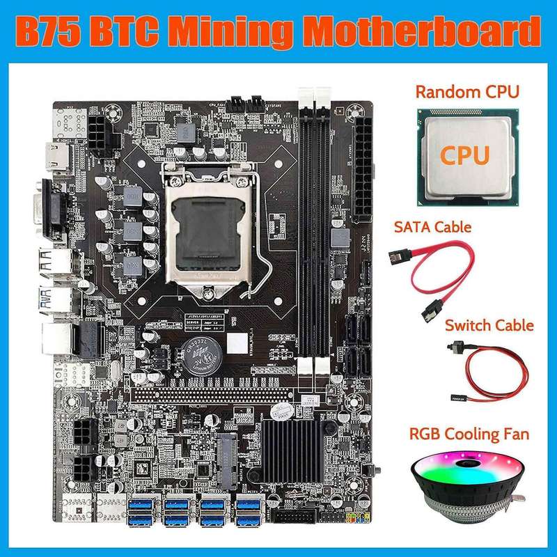 B75 Btc Mining Motherboard+cpu+rgb Cooling Fan+sata Cable+switch