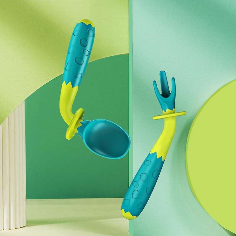Flexible Training Baby Elbow Fork Spoon Set Portable Aoki Green