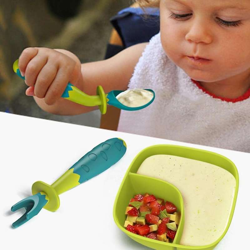 Flexible Training Baby Elbow Fork Spoon Set Portable Aoki Green