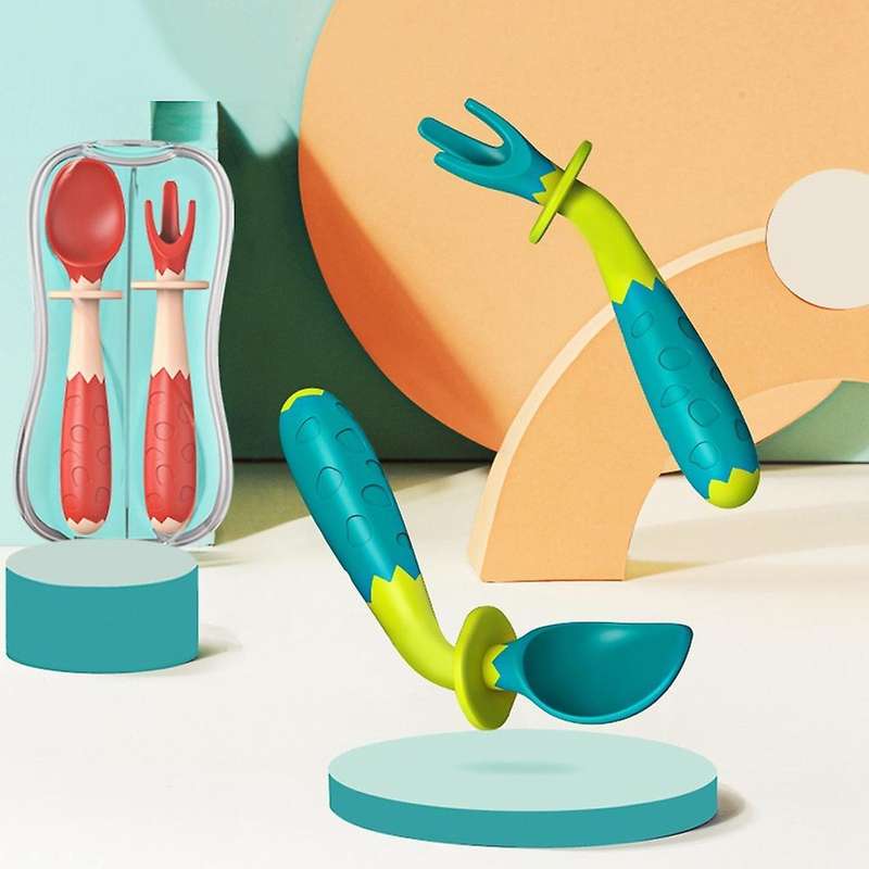 Flexible Training Baby Elbow Fork Spoon Set Portable Aoki Green