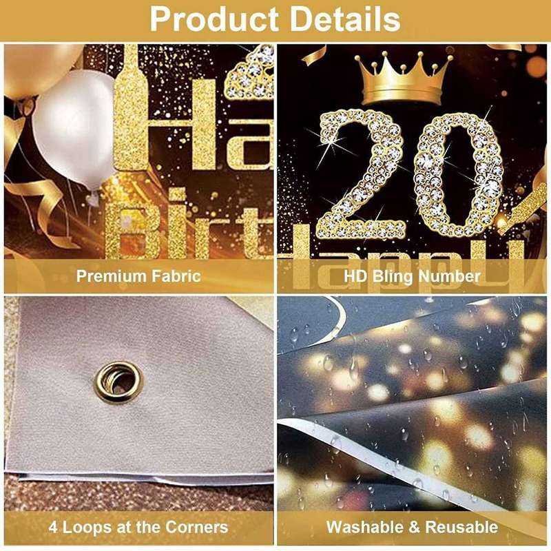 Black Gold Banner 20th Birthday Decoration Girl Birthday Background