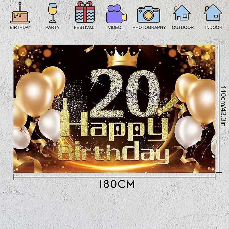 Black Gold Banner 20th Birthday Decoration Girl Birthday Background